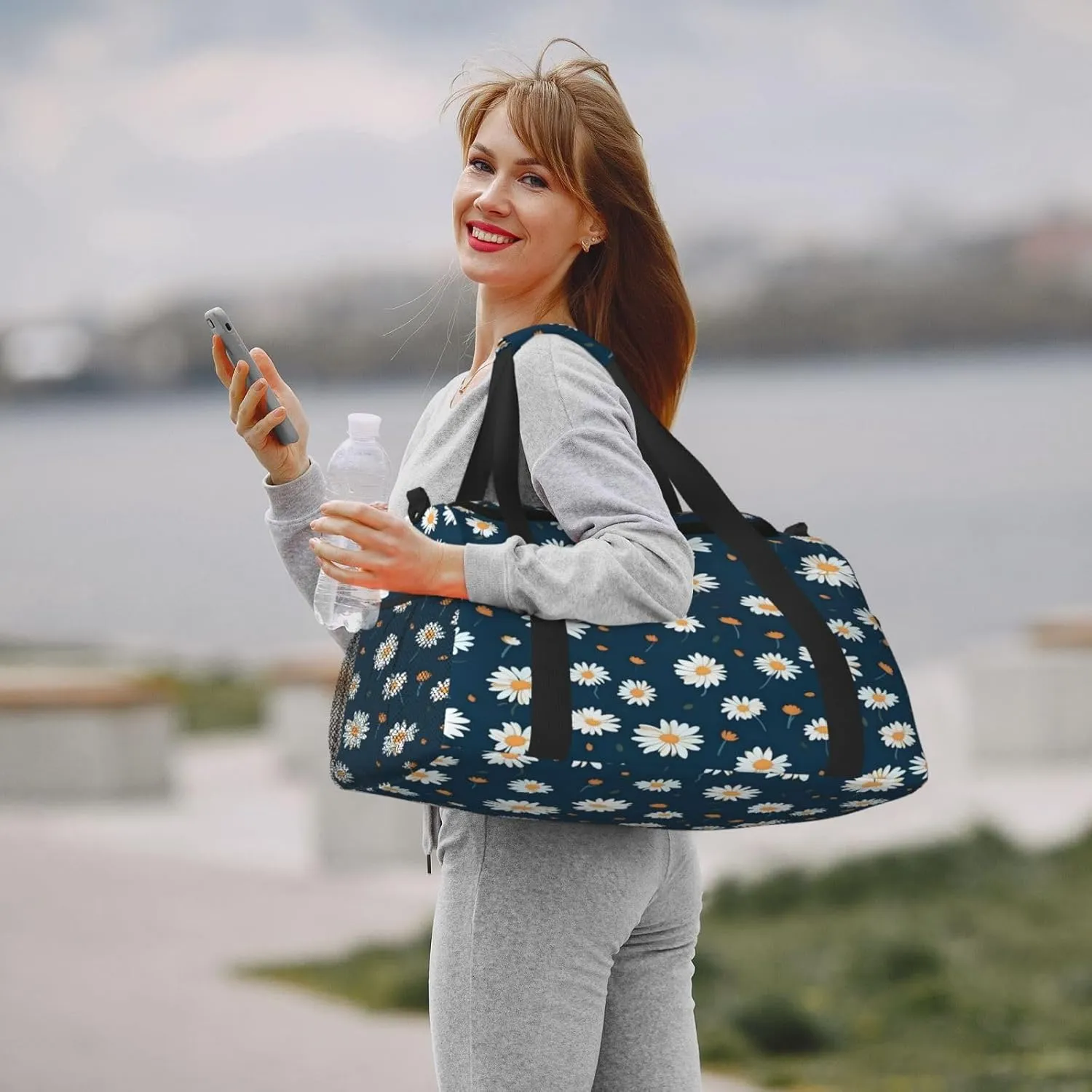 Blue Daisy Pattern Travel Duffel Bag with Strap Multi Pockets Sports Bag Handbag Large Shoulder Bag for Gym Weekend Fitness Camping