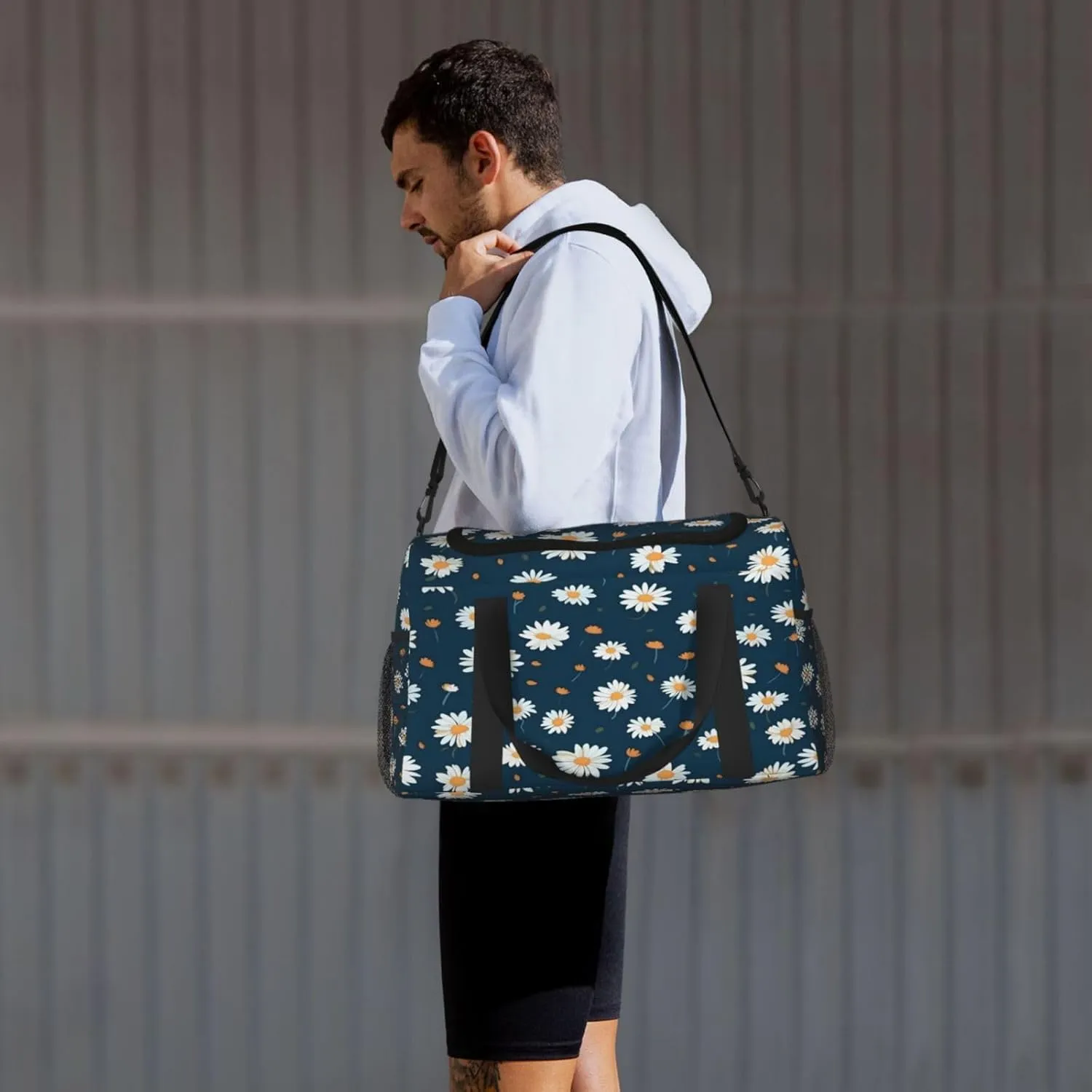 Blue Daisy Pattern Travel Duffel Bag with Strap Multi Pockets Sports Bag Handbag Large Shoulder Bag for Gym Weekend Fitness Camping