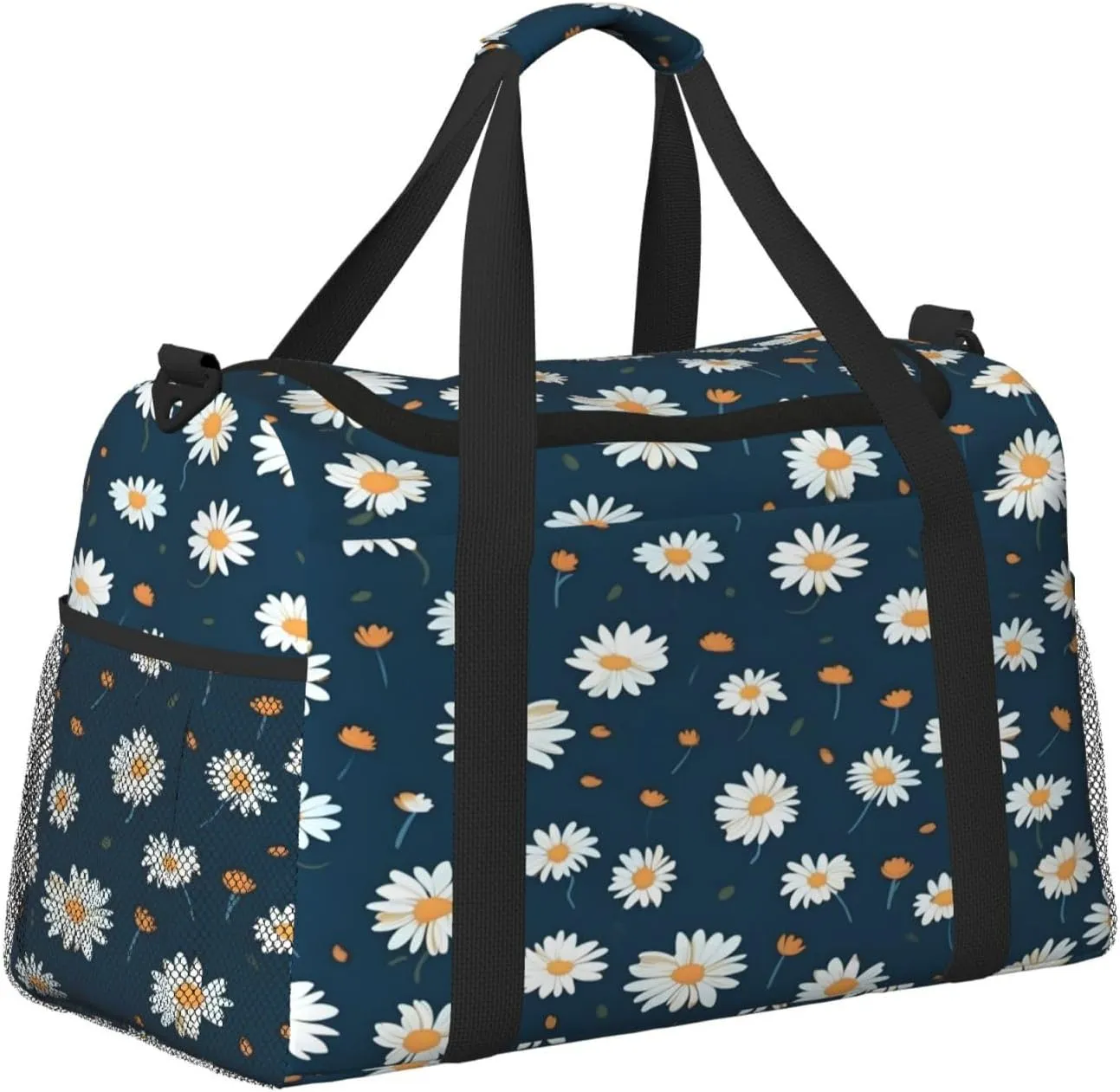Blue Daisy Pattern Travel Duffel Bag with Strap Multi Pockets Sports Bag Handbag Large Shoulder Bag for Gym Weekend Fitness Camping