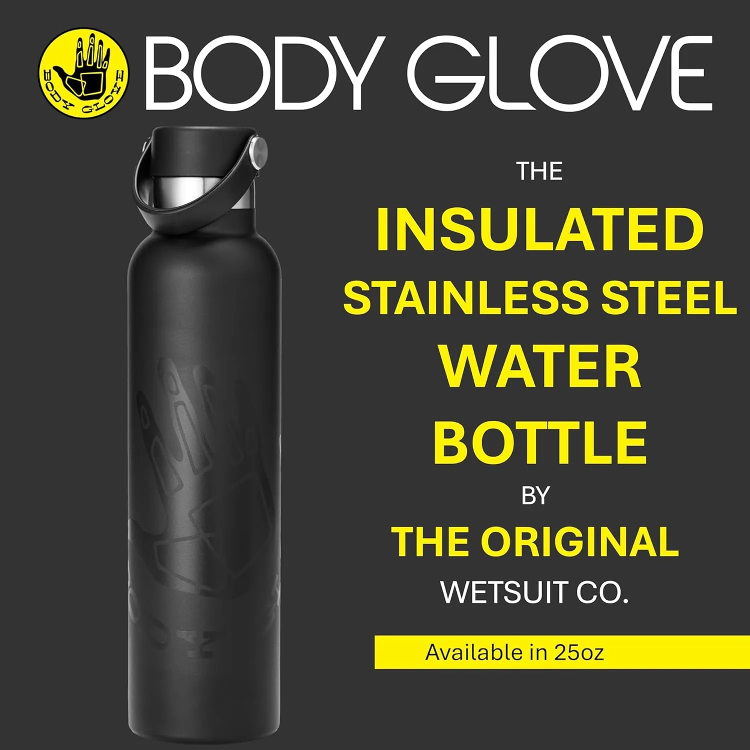 BODY GLOVE 25oz Insulated Stainless Steel Water Bottle, Double Walled Vacuum Insulated Thermal Flask for Sports, Work, School (BLACK/25oz)