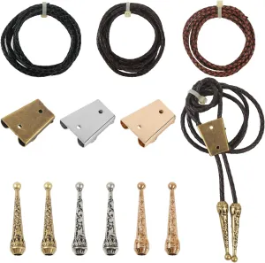 Bolo Tie Making Kit 3 Pcs Iron Bolo Tie Slide Clasps 6 Pcs Alloy Cord End Caps 3 Pcs Leather Cords Strings
