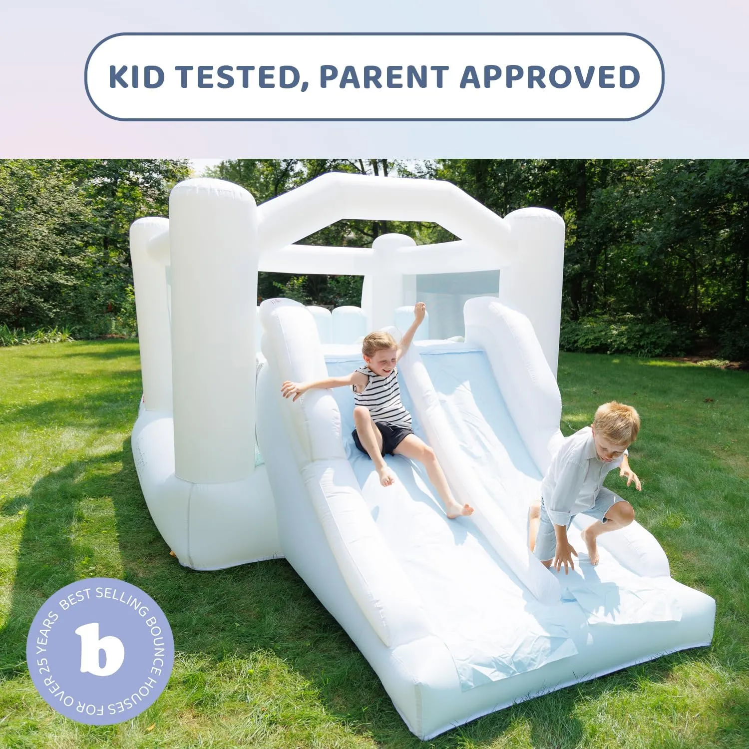 Bounceland Obstacle Dream Bouncer Combo Slides,18.5 ft x 8.5 ft x 6 ft H, Air Blower Included with GFCI, Dual Slides, Obstacle Course, Trendy Neutral Color, Indoor and Outdoor Play for Kids