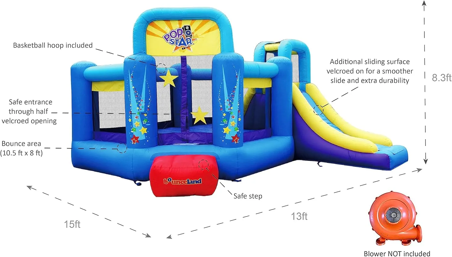 Bounceland Pop Star Inflatable Bounce House Bouncer (NO Blower), Large Bouncing Area with Long Slide, Climbing Wall, Basketball Hoop, 15 ft x 13 ft x 8.3 ft H, Pop Star Kids Party Theme