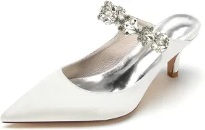 Bridal Dress Heeled Sandals Wedding Shoes Slip on Slingback Women's Pointed Satin Rhinestone Prom Party Dress Pumps