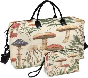 Burbuja Travel Duffel Bag for Women, Vintage Mushroom Botany Weekender Overnight Bag Shoulder Carry On Tote Bag with Trolley Sleeve, Gym Bag with Toiletry Bag, Large Size