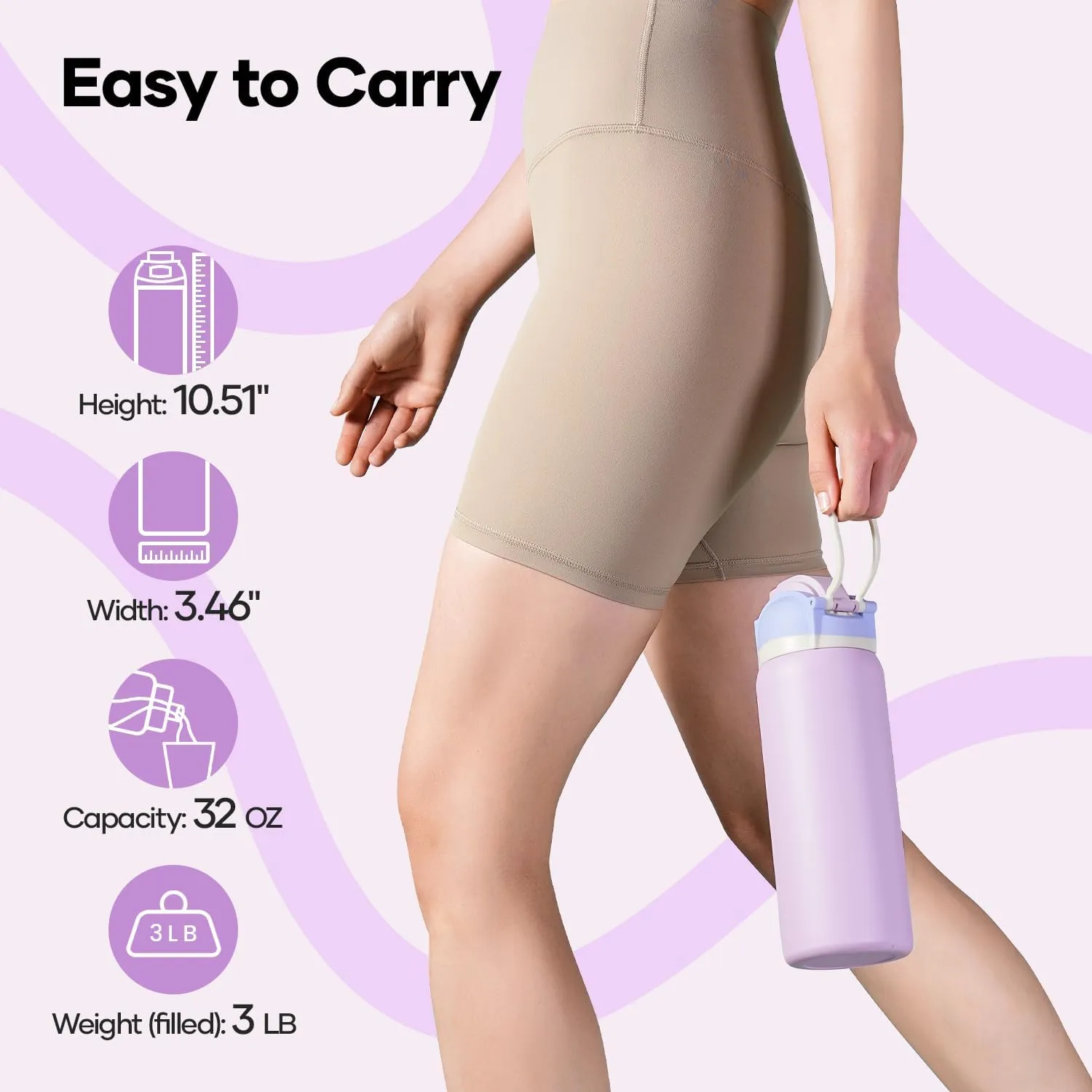 BUZIO 32 oz Insulated Water Bottle - Stainless Steel with Chug Cap, Leakproof Locking Lid, Carry Loop, Wide Mouth, Dishwasher Safe, Gym Sports Travel Work Outdoors, Gifts for Women & Men, Light Purple