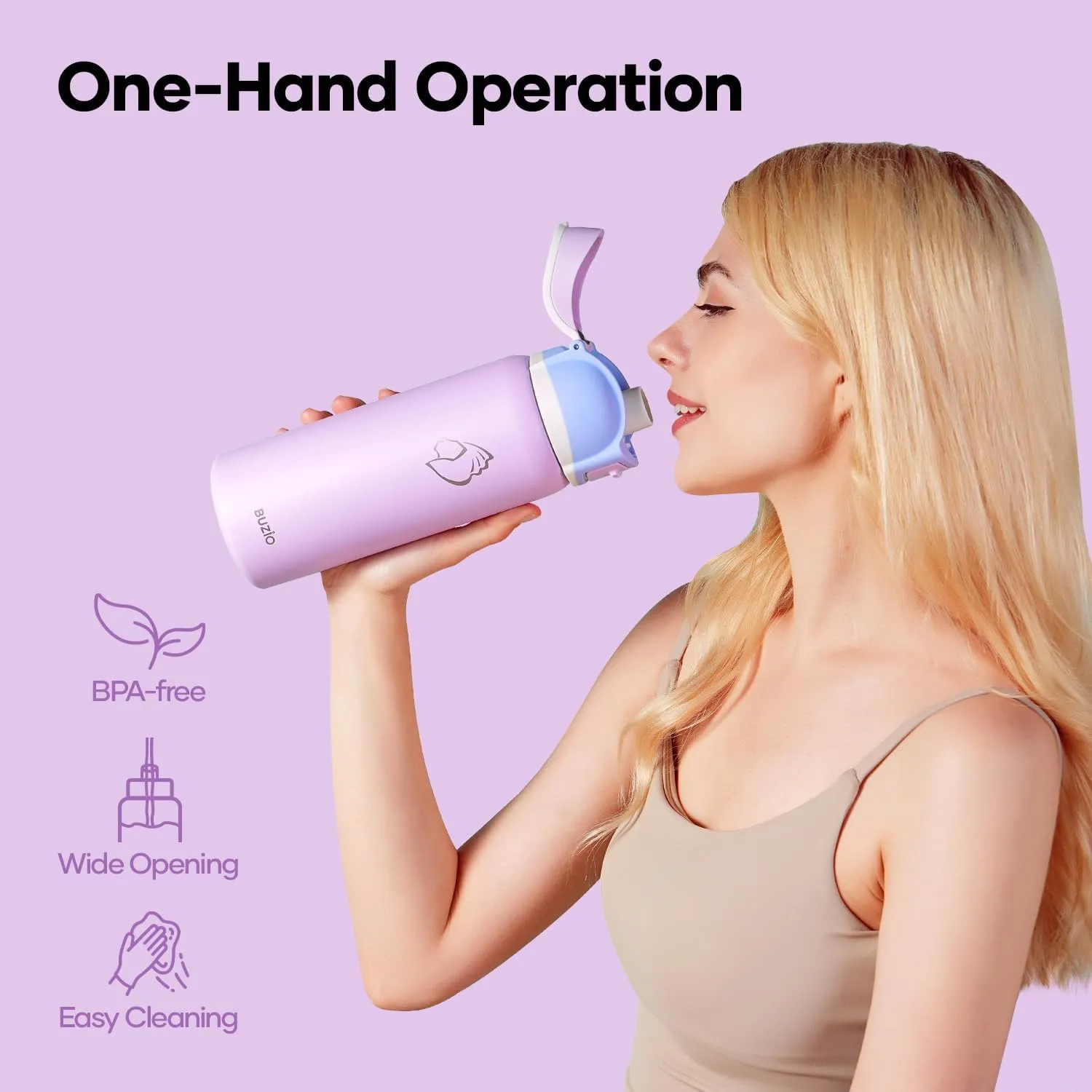 BUZIO 32 oz Insulated Water Bottle - Stainless Steel with Chug Cap, Leakproof Locking Lid, Carry Loop, Wide Mouth, Dishwasher Safe, Gym Sports Travel Work Outdoors, Gifts for Women & Men, Light Purple