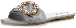 Cape Robbin Sadie-2 Gray Gold Satin Bow Pool Slide Mules Fashion Flat Sandals