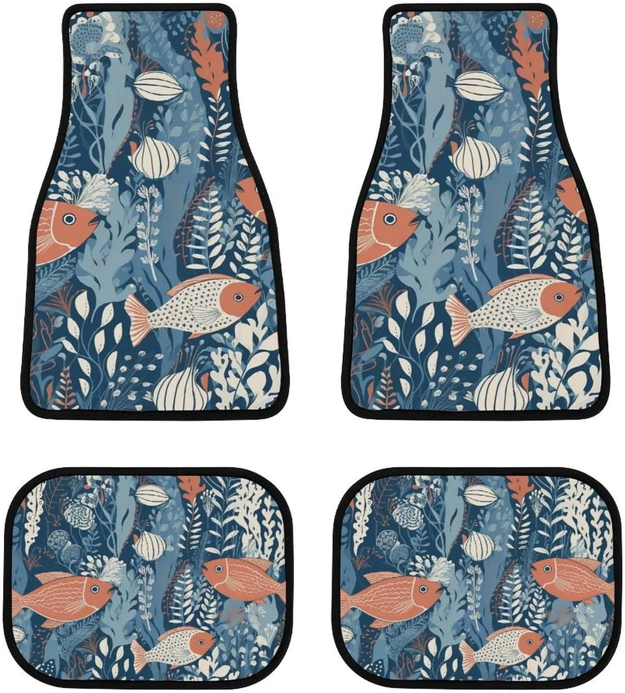 Car Floor Mat 4 Piece Universal Car Floor Pad Fish in Water Car Mat Set Rubber Floor Mat for Cars Non-Slip Car Carpet Decor Heel Pad for Most Vehicles