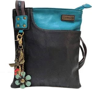 CHALA SWING Pack Smartphone Cross-Body Purse Purse Charm (Black_Dragonfly with Teal Flower)