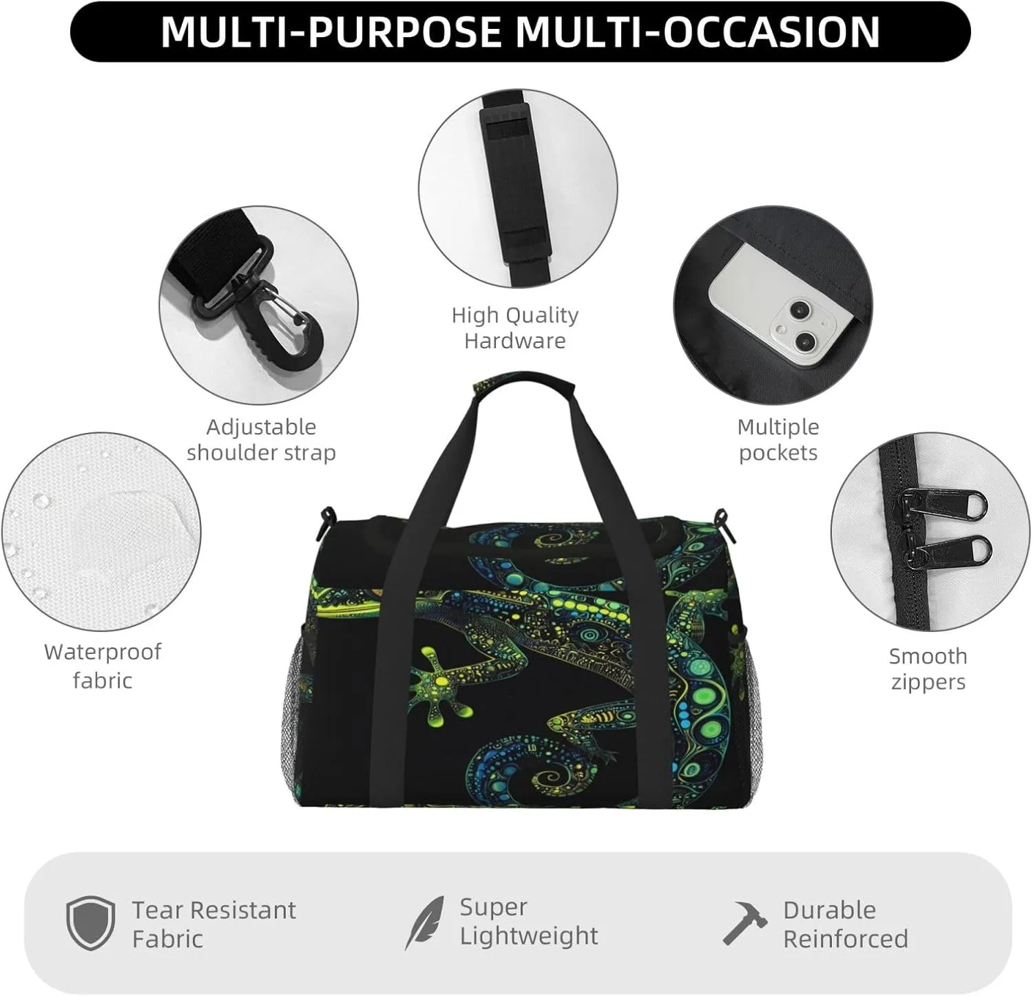 Chameleon Theme Travel Duffel Bag with Strap Multi Pockets Sports Bag Handbag Large Shoulder Bag for Gym Weekend Fitness Camping