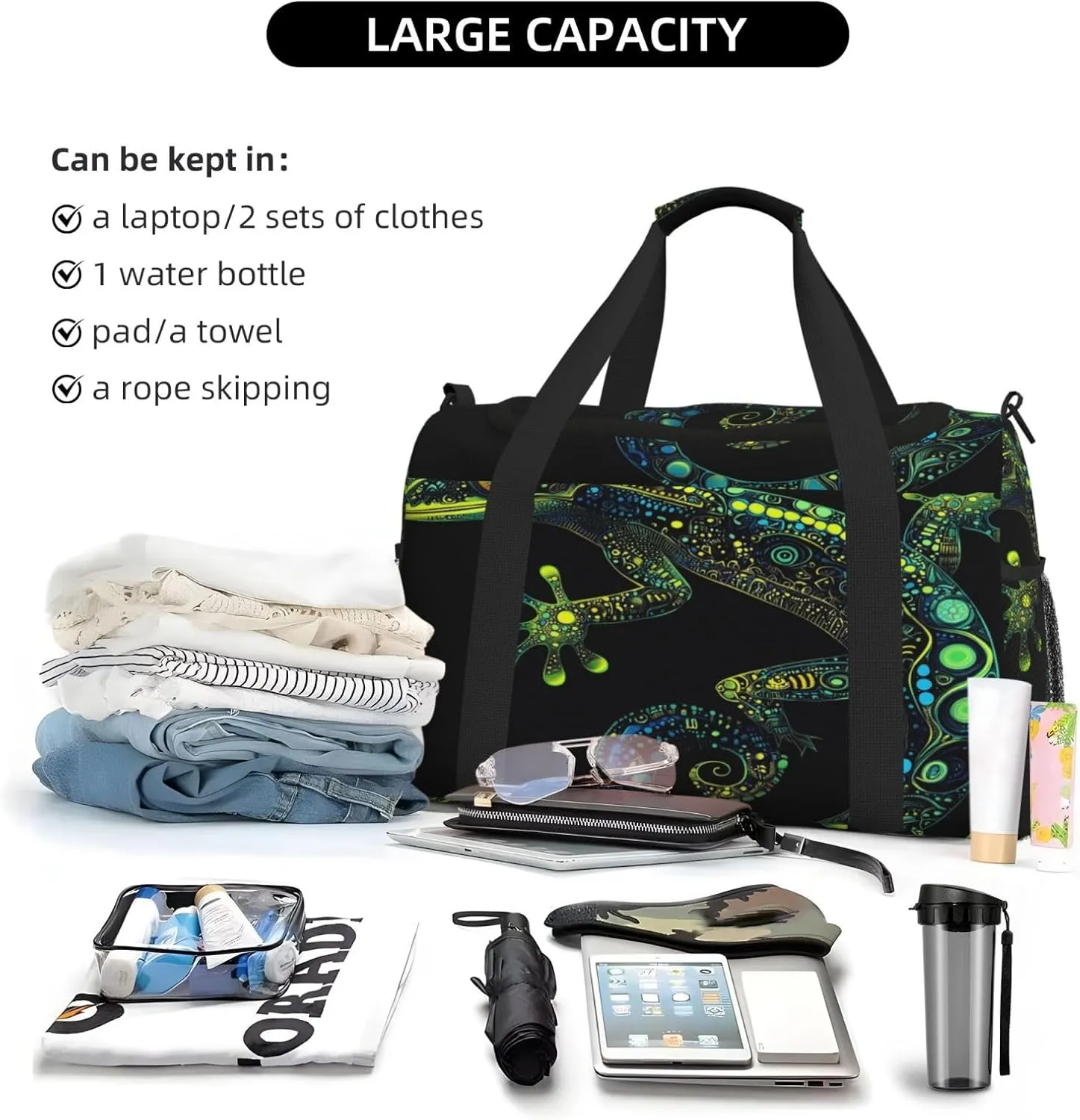 Chameleon Theme Travel Duffel Bag with Strap Multi Pockets Sports Bag Handbag Large Shoulder Bag for Gym Weekend Fitness Camping