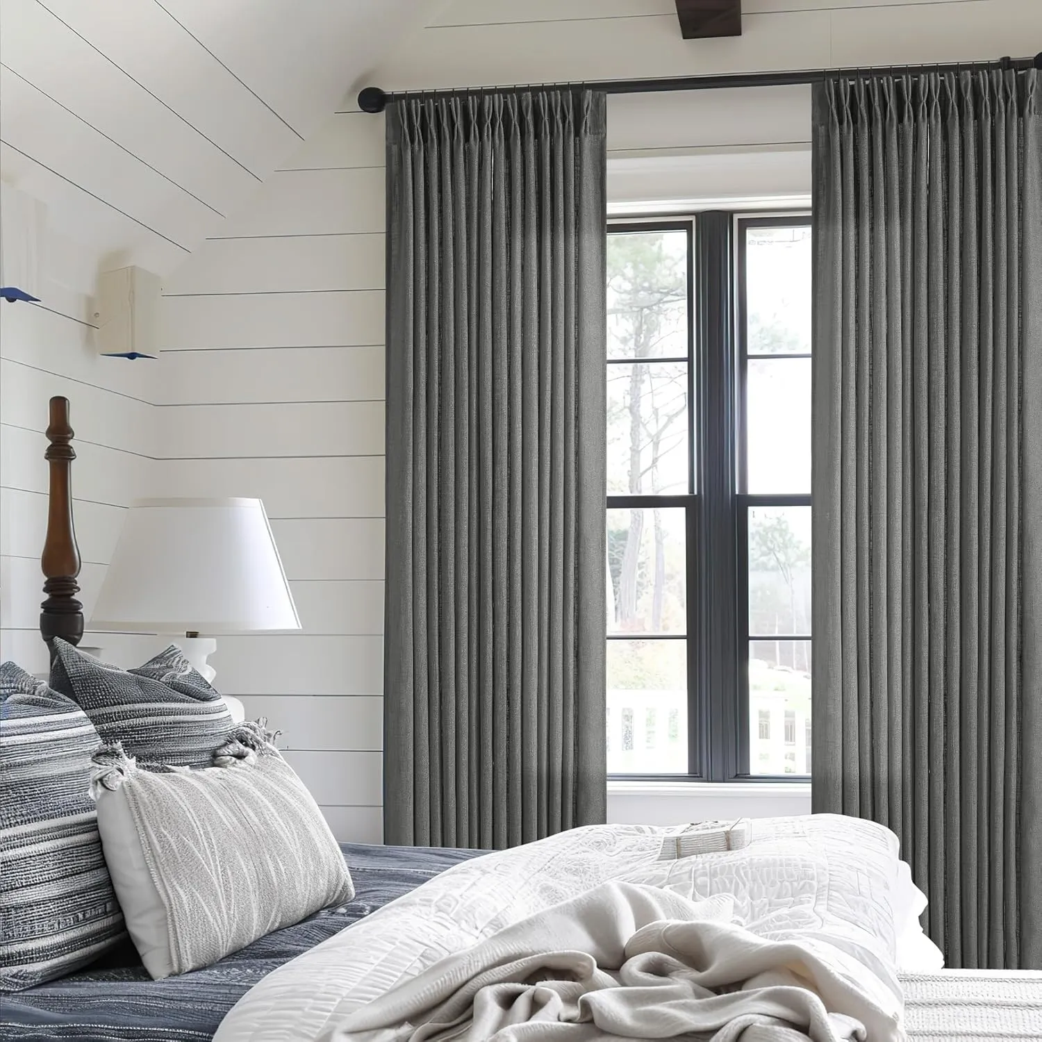 Charcoal Grey 84 Inch Pinch Pleated Linen Curtains 2 Panel Set for Living Room Thick Linen Textured Drapes 84 Inches Long Pinch Pleat Drapes Semi Sheer Curtain for Dining Bedroom Dark Slate Grey