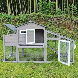 Chicken Coop and Run, Two Story Mobile Rabbit Hutch Indoor Outdoor, Wooden Hen House with Nesting Box Rabbit Cage on Wheels, Ramp, Deep No Leak Pull Out Tray, for Chick, Bunny(Grey)