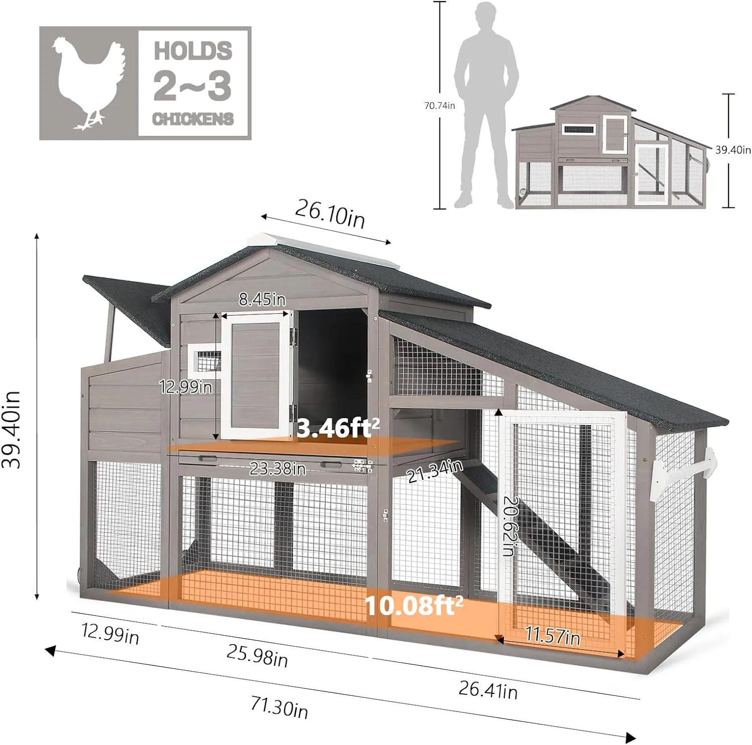 Chicken Coop and Run, Two Story Mobile Rabbit Hutch Indoor Outdoor, Wooden Hen House with Nesting Box Rabbit Cage on Wheels, Ramp, Deep No Leak Pull Out Tray, for Chick, Bunny(Grey)