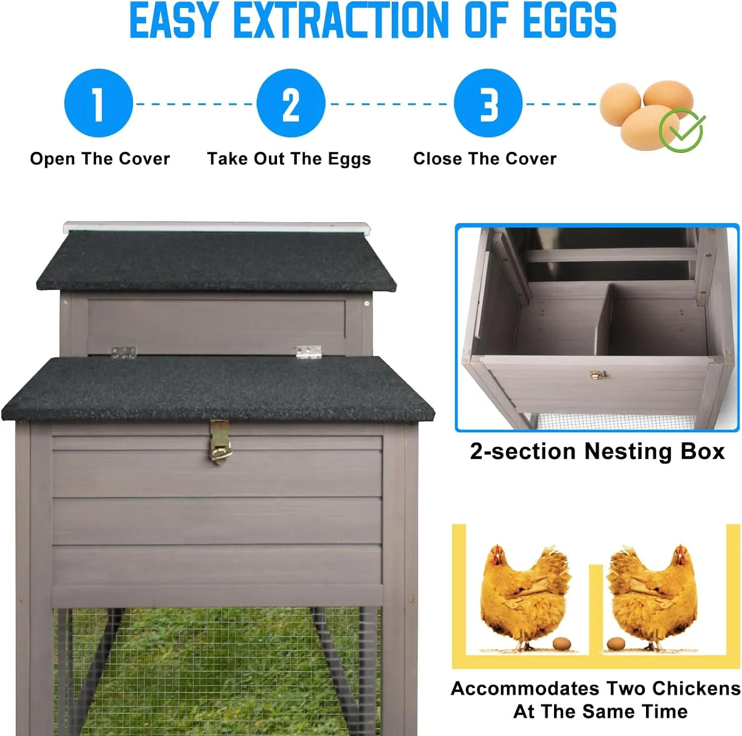Chicken Coop and Run, Two Story Mobile Rabbit Hutch Indoor Outdoor, Wooden Hen House with Nesting Box Rabbit Cage on Wheels, Ramp, Deep No Leak Pull Out Tray, for Chick, Bunny(Grey)