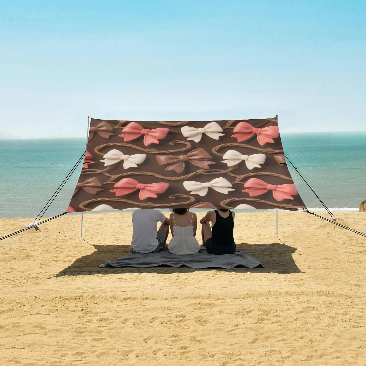 Chocolate Bows Beach Canopy Tent Anti-UV & Wind Resistant, Camping Sun Shelter Easy Setup Portable,Outdoor Shade Tents with Sandbags,Sand Shovels,Ground Pegs & Stability Poles