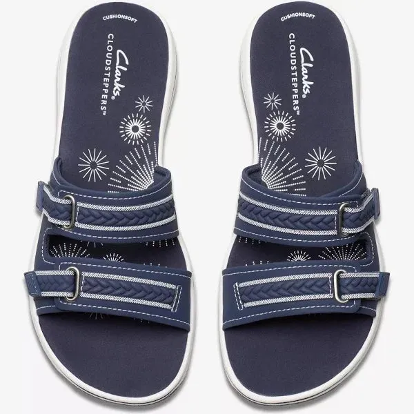 Clarks Women's Breezey Eve H  Cushioned, Comfortable, Braided and Stitching Strap Slide Sandals, Navy