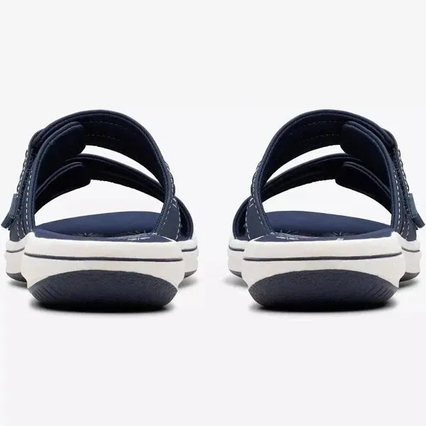 Clarks Women's Breezey Eve H  Cushioned, Comfortable, Braided and Stitching Strap Slide Sandals, Navy