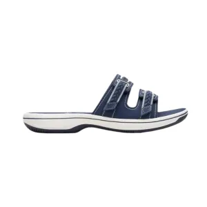 Clarks Women's Breezey Eve H  Cushioned, Comfortable, Braided and Stitching Strap Slide Sandals, Navy