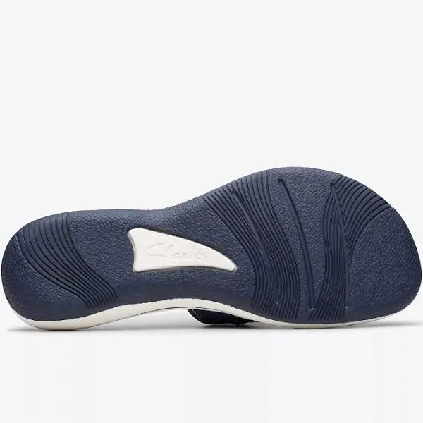 Clarks Women's Breezey Eve H  Cushioned, Comfortable, Braided and Stitching Strap Slide Sandals, Navy