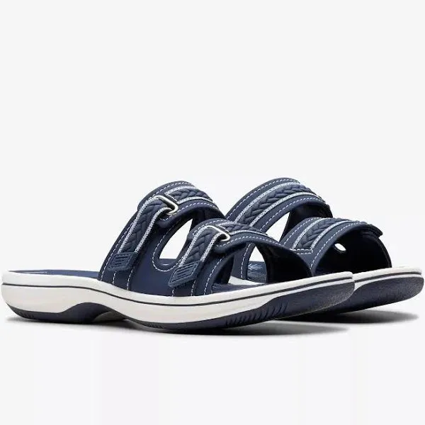 Clarks Women's Breezey Eve H  Cushioned, Comfortable, Braided and Stitching Strap Slide Sandals, Navy