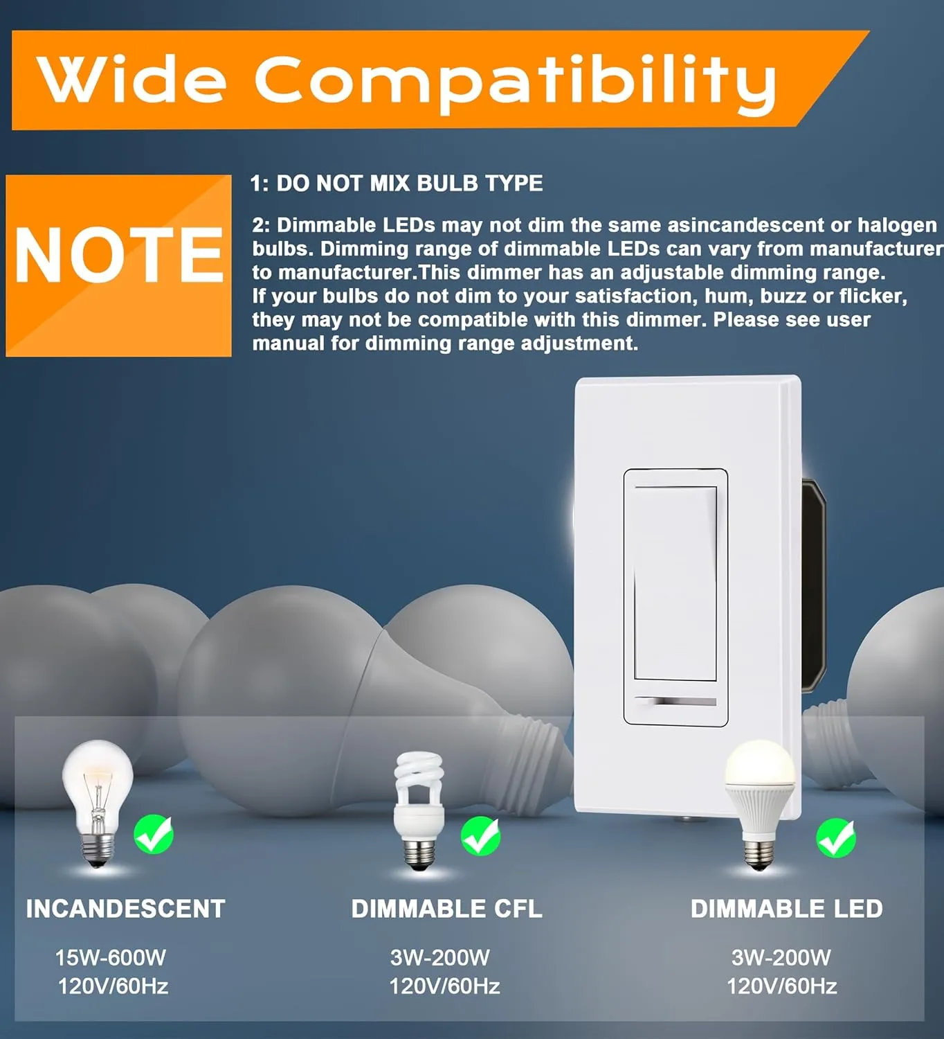 CLOUDY BAY in Wall Dimmer Switch for LED Light/CFL/Incandescent,3-Way Single Pole Dimmable Slide, 600W max Incandescent,150W max Dimmable LED/CFL, Cover Plate Included, Pack of 4