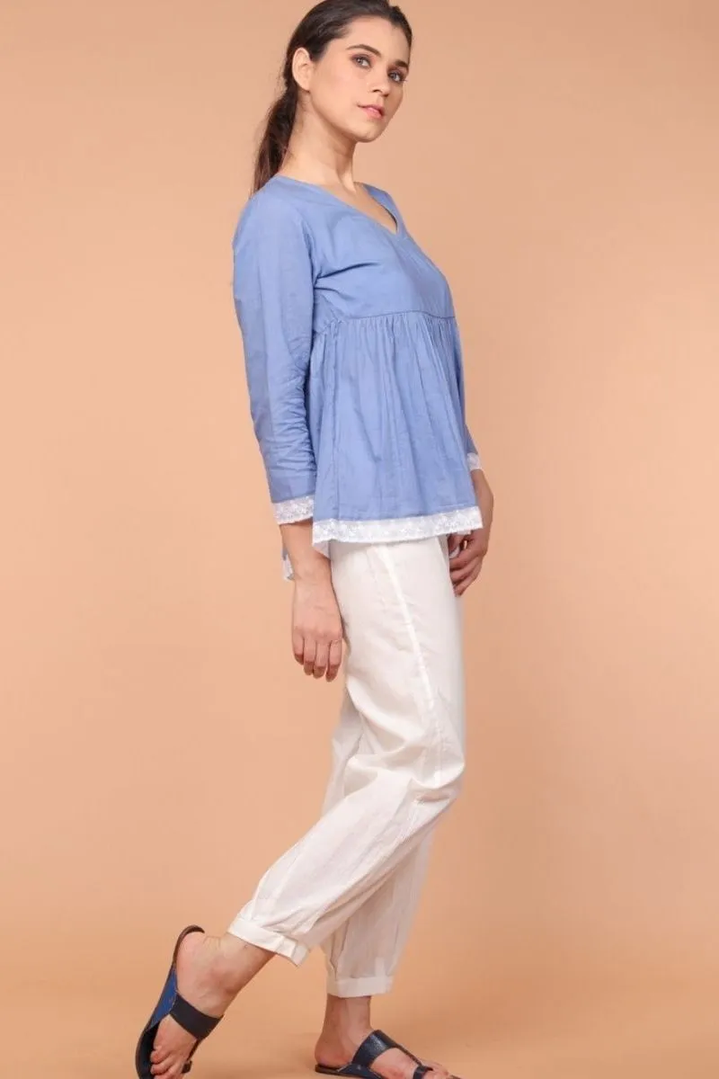 Co-ordinates- Angrakha Wrapped Top in Oxford Blue with Gathered Pants in White (Set of of 2)
