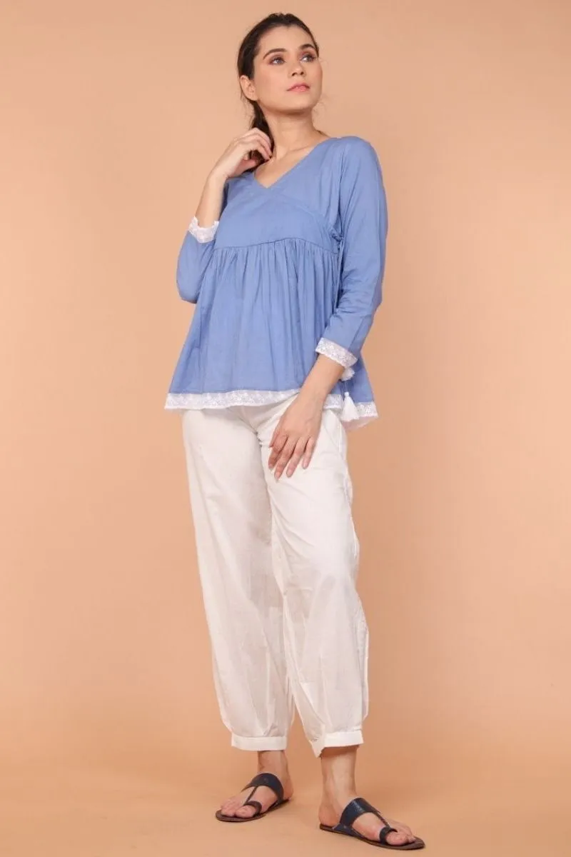 Co-ordinates- Angrakha Wrapped Top in Oxford Blue with Gathered Pants in White (Set of of 2)