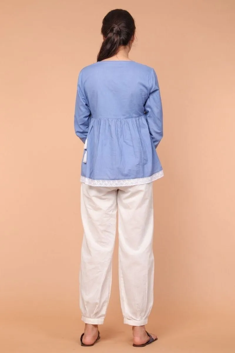 Co-ordinates- Angrakha Wrapped Top in Oxford Blue with Gathered Pants in White (Set of of 2)
