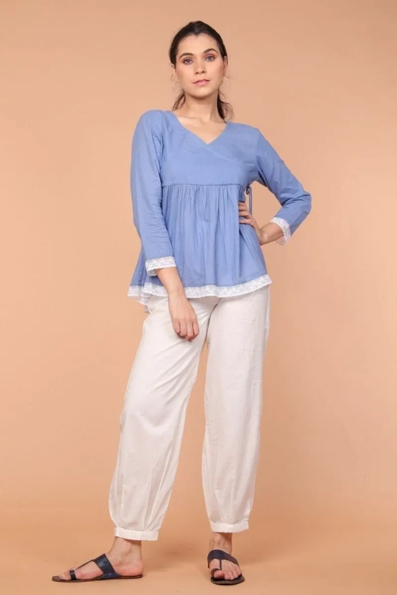 Co-ordinates- Angrakha Wrapped Top in Oxford Blue with Gathered Pants in White (Set of of 2)