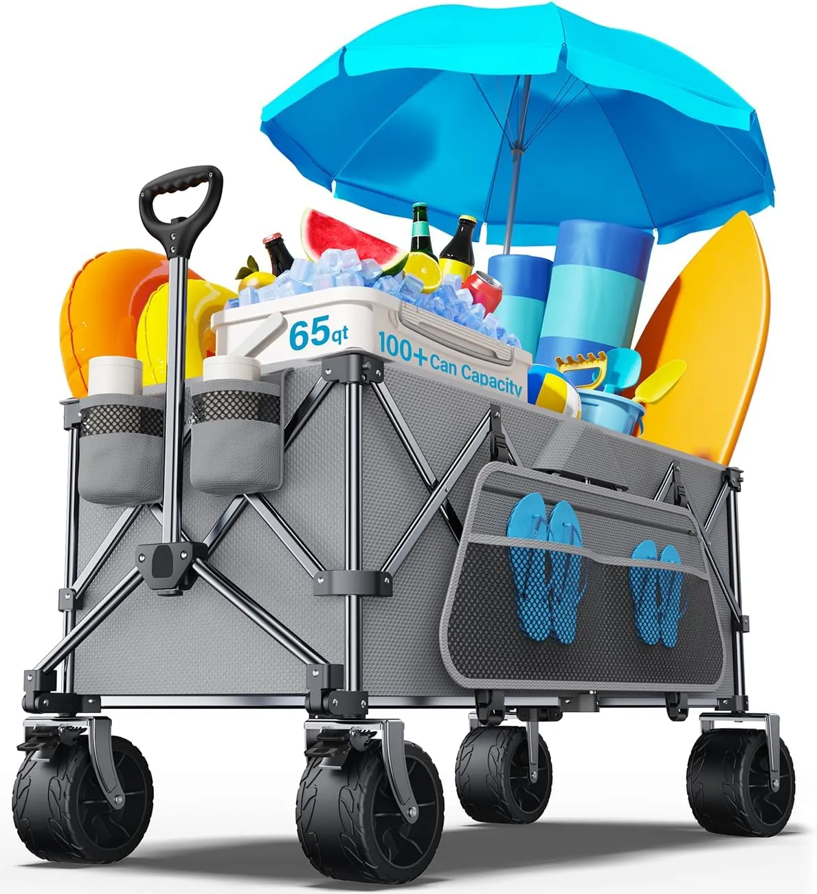 Collapsible Utility Cart, 440 lbs Foldable Wagon with Big Wheels, Heavy Duty Folding Cart for Beach, Garden, Camping, Grocery - Grey