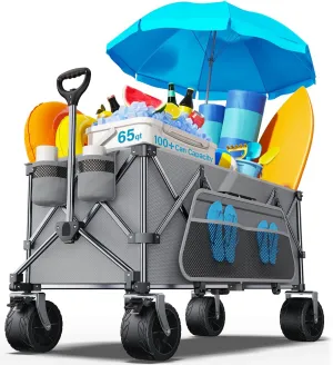 Collapsible Utility Cart, 440 lbs Foldable Wagon with Big Wheels, Heavy Duty Folding Cart for Beach, Garden, Camping, Grocery - Grey