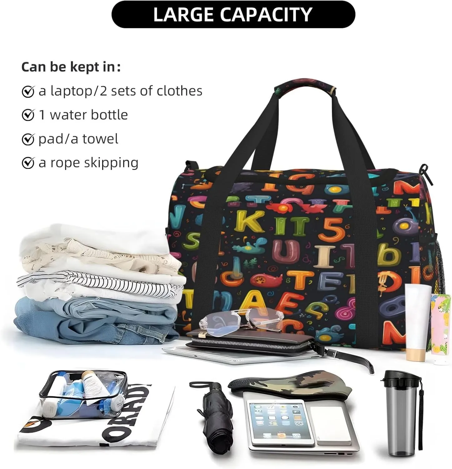 Colorful Education Alphabet Travel Duffel Bag with Strap Multi Pockets Sports Bag Handbag Large Shoulder Bag for Gym Weekend Fitness Camping