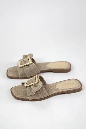Concept Gold Buckle Slide On Sandal, Beige Linen