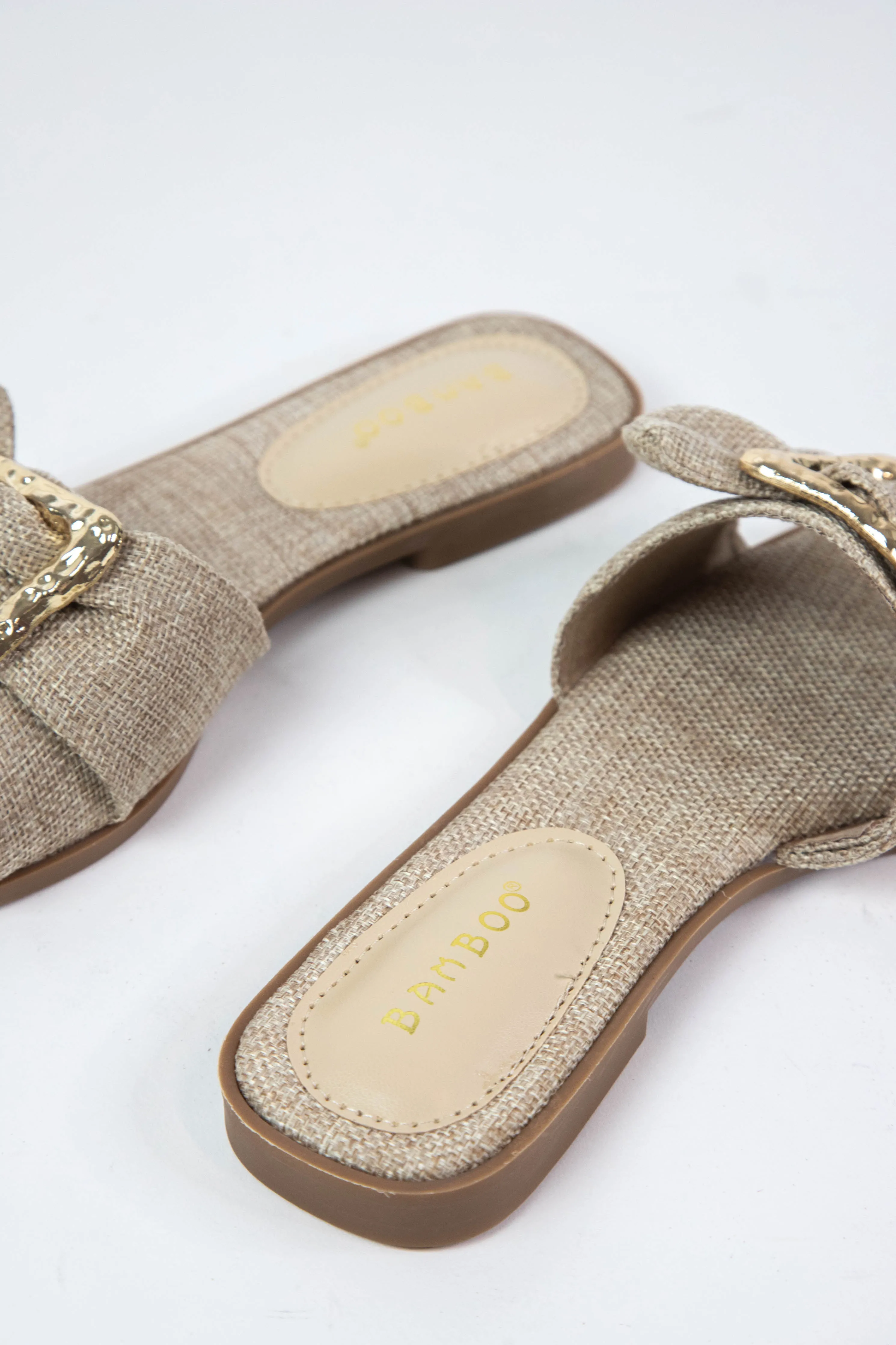 Concept Gold Buckle Slide On Sandal, Beige Linen