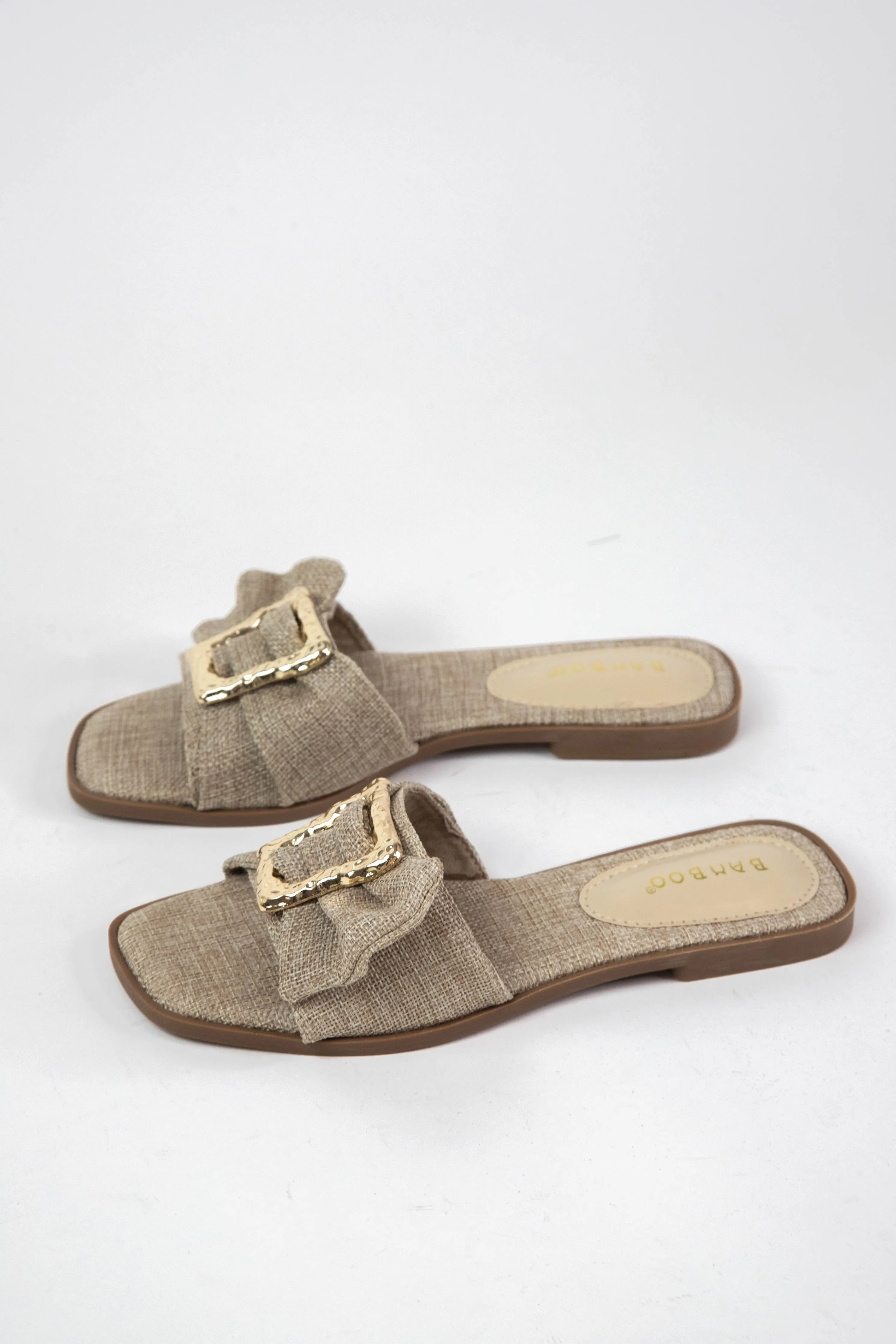 Concept Gold Buckle Slide On Sandal, Beige Linen