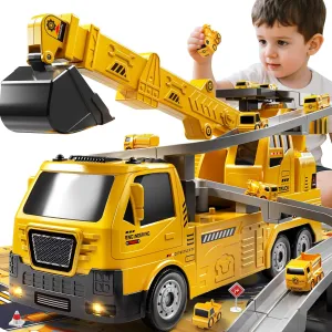 Construction Truck Crane Track Toy for Kids 3 4 5 6 7 8 Years Old, Engineering Excavator Vehicle Race Track with 8 Small Cars, Sound and Light, Boy Toys, Gifts for Toddlers Boy Girl Ages 3-5