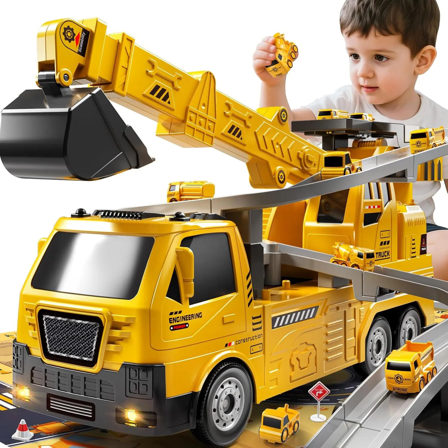 Construction Truck Crane Track Toy for Kids 3 4 5 6 7 8 Years Old, Engineering Excavator Vehicle Race Track with 8 Small Cars, Sound and Light, Boy Toys, Gifts for Toddlers Boy Girl Ages 3-5