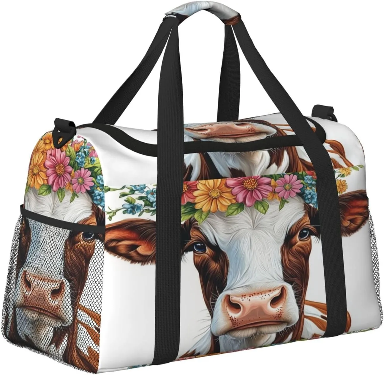 Cow Colorful Flower Travel Duffel Bag with Strap Multi Pockets Sports Bag Handbag Large Shoulder Bag for Gym Weekend Fitness Camping