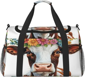Cow Colorful Flower Travel Duffel Bag with Strap Multi Pockets Sports Bag Handbag Large Shoulder Bag for Gym Weekend Fitness Camping