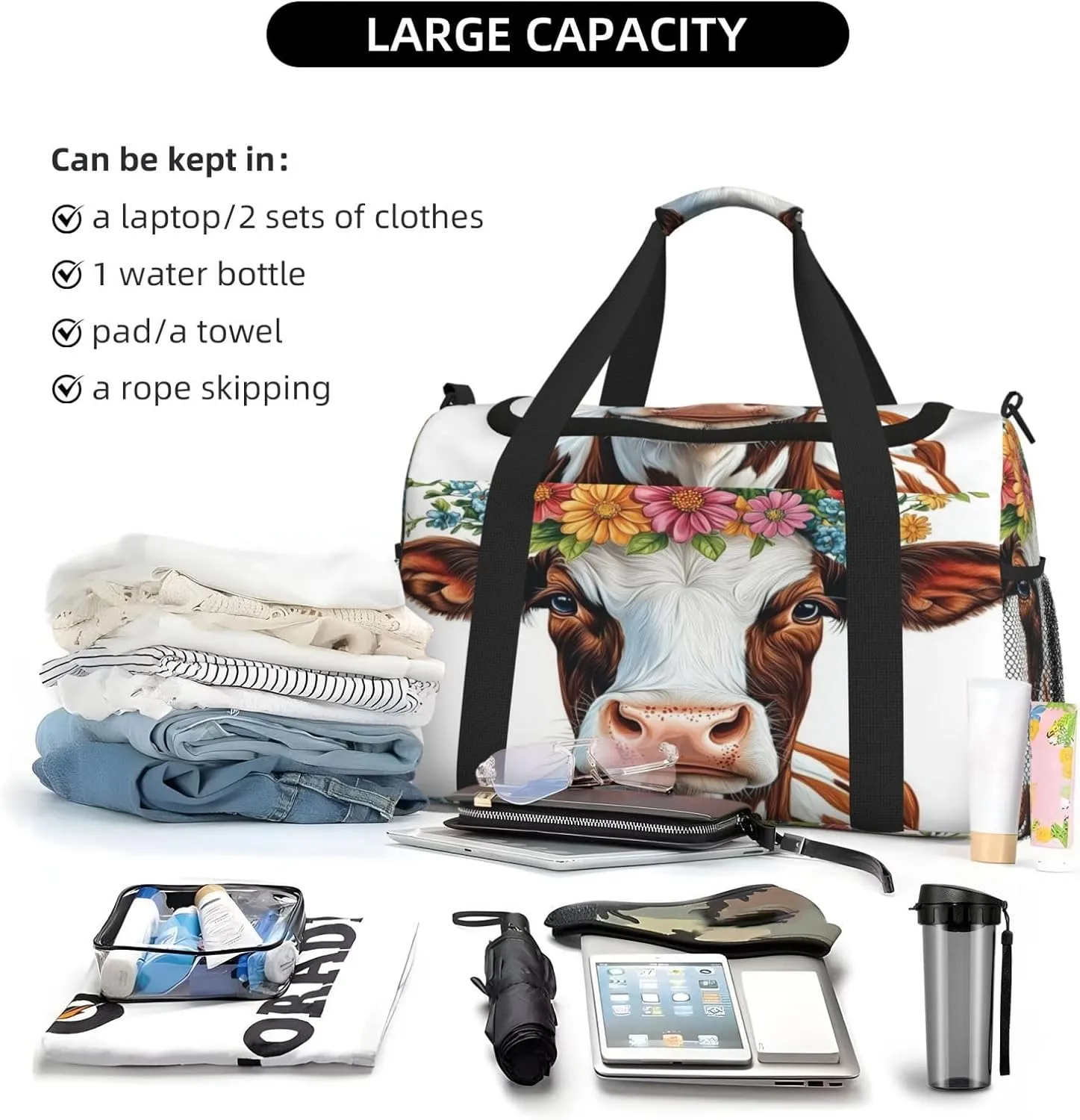 Cow Colorful Flower Travel Duffel Bag with Strap Multi Pockets Sports Bag Handbag Large Shoulder Bag for Gym Weekend Fitness Camping