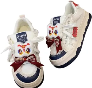 Cute & Quirky Women’s Walking Sneakers – Funky Fun Statement Shoes with Googly Eyes & Cute 3D Details Lion Face Bow Accents! Perfect for Trendsetters!