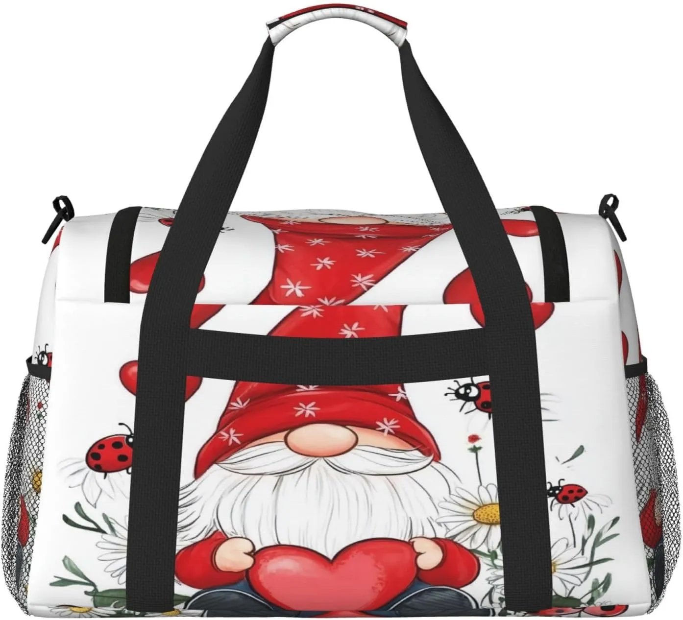 Cute Gnome Daisy Love Heart Travel Duffel Bag with Strap Multi Pockets Sports Bag Handbag Large Shoulder Bag for Gym Weekend Fitness Camping