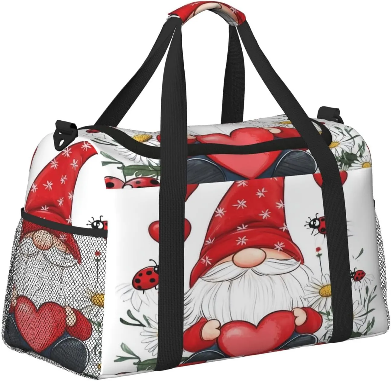 Cute Gnome Daisy Love Heart Travel Duffel Bag with Strap Multi Pockets Sports Bag Handbag Large Shoulder Bag for Gym Weekend Fitness Camping