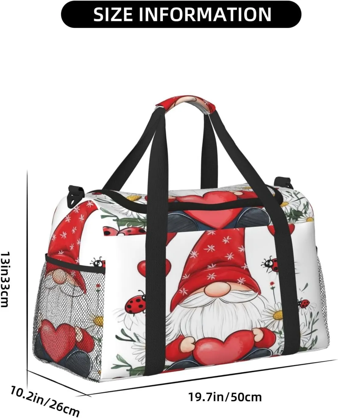 Cute Gnome Daisy Love Heart Travel Duffel Bag with Strap Multi Pockets Sports Bag Handbag Large Shoulder Bag for Gym Weekend Fitness Camping