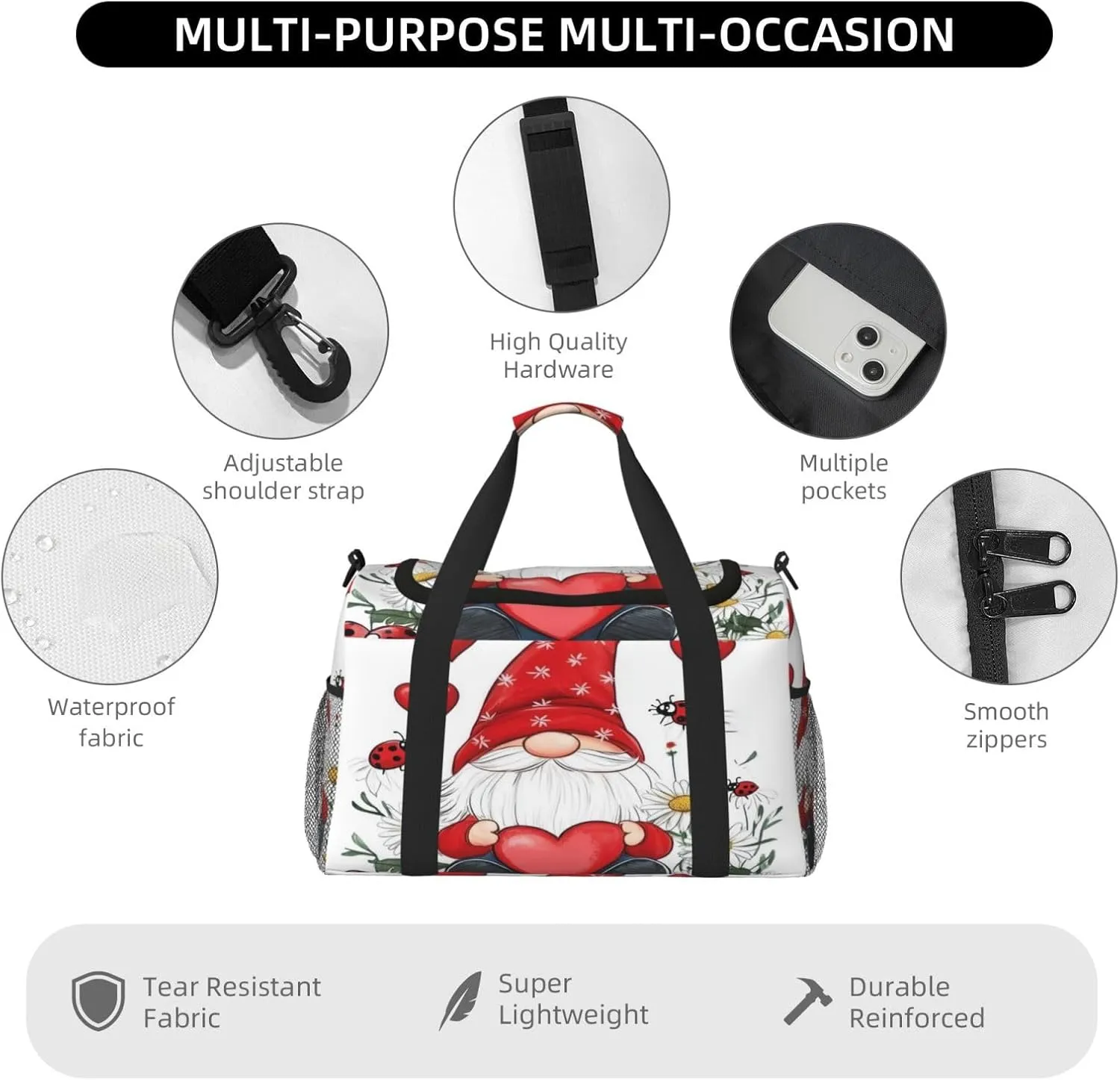 Cute Gnome Daisy Love Heart Travel Duffel Bag with Strap Multi Pockets Sports Bag Handbag Large Shoulder Bag for Gym Weekend Fitness Camping