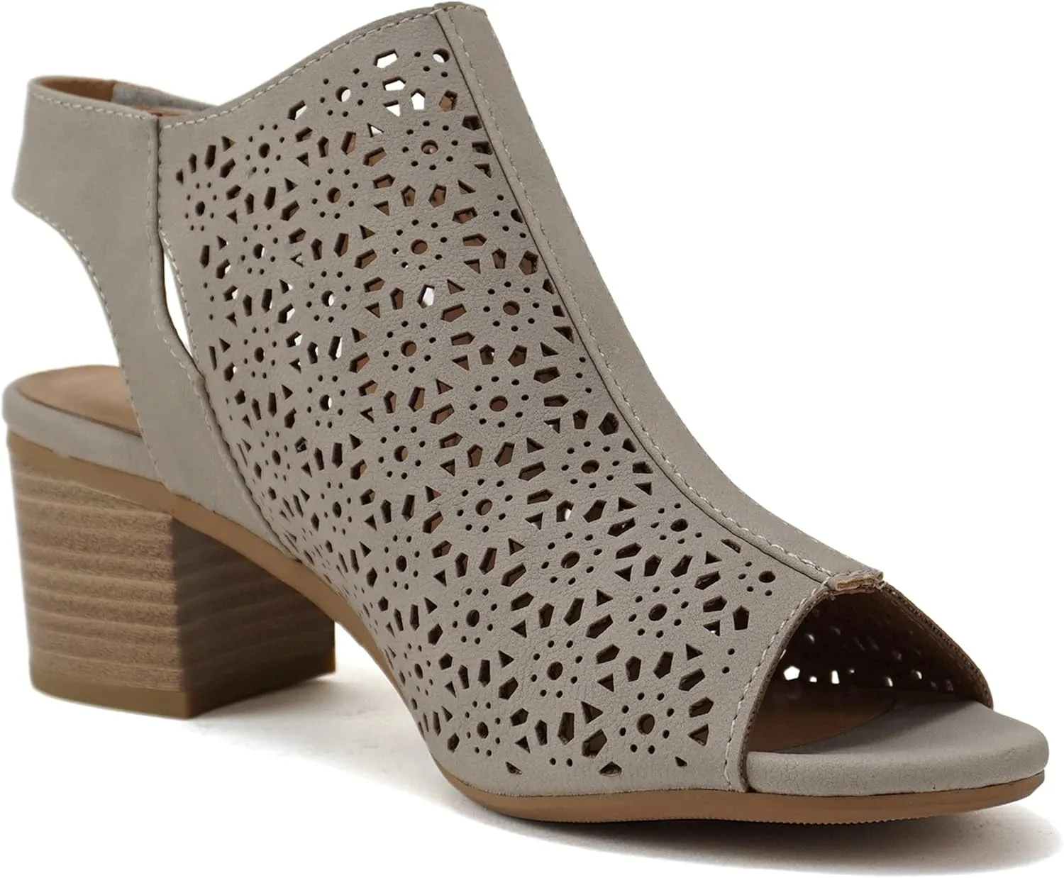 Daisy - Women's Caged Geometric Laser Cut Out Peep Toe Chunky Stacked Heel Ankle Sandal