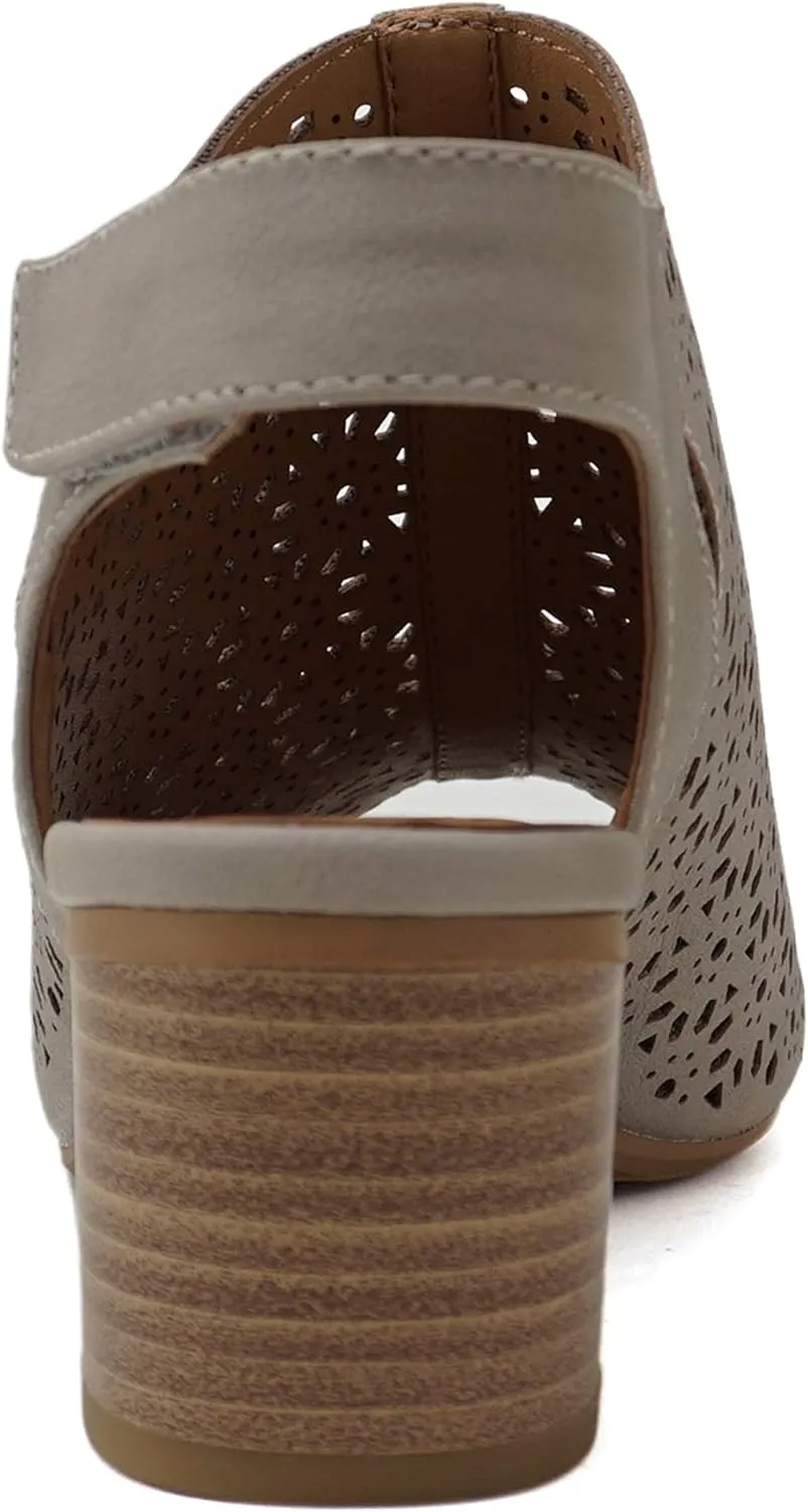 Daisy - Women's Caged Geometric Laser Cut Out Peep Toe Chunky Stacked Heel Ankle Sandal
