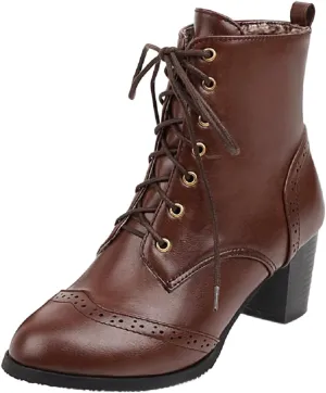 DINTAHA Pirate Boots Womens Victorian Ankle Boots Lace Up Chunky Heel Booties Vintage Oxford Wingtip Boots